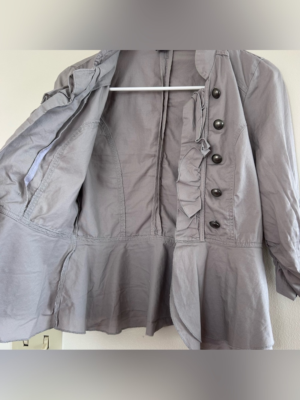 NWOT Small Buckle Stoosh Gray Blazer 100% Cotton Vintage 90s Y2K Ruffle Ruched - Picture 7 of 7
